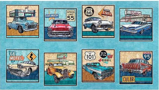 Motorin' - 1950's Vintage Cars on light teal PANEL