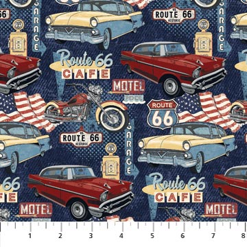 Route 66 - Vintage cars and retro diners on dark blue