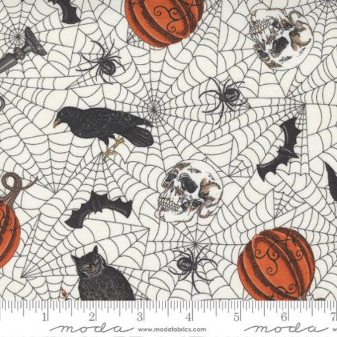 Ghostly Greetings - Skull, bats, cats and pumpkins on ivory