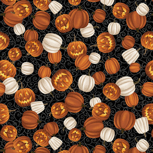 Midnight Magic - Jack O Lanterns and white pumpkins on black